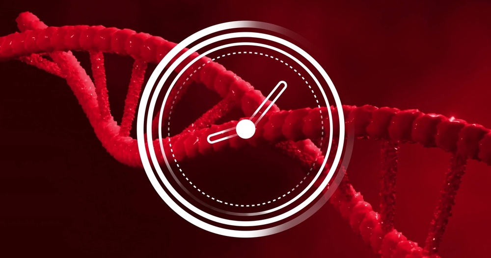 Image,Of,Moving,Clock,Over,Dna,Strand,On,Red,Background. diataraxes ston kirkadio ritmo