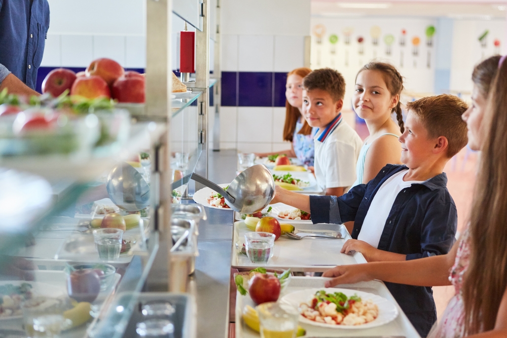 Happy,Kids,In,Line,Taking,Food,From,Cafeteria,Worker,During sxolika geumata